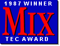 A blue and red banner with the words " 1 9 8 7 winner " in front of it.