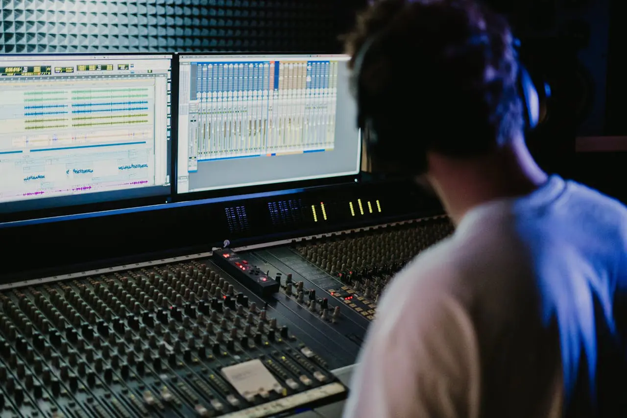 A man in front of a large screen mixing board.