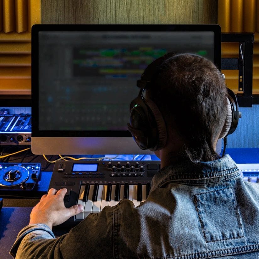 A man sitting in front of a computer keyboard.